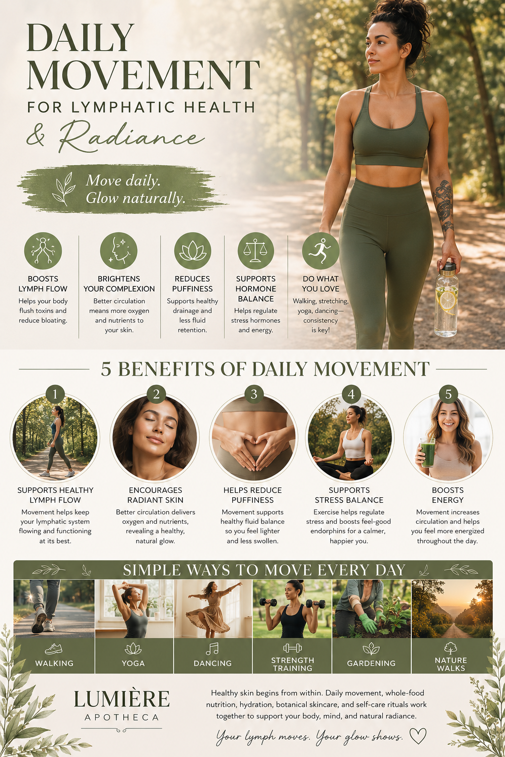 Daily Movement for Lymphatic Health & Radiance infographic by Lumière Apotheca — showing 5 benefits of daily movement and simple ways to move every day including walking, yoga, dancing, strength training, gardening, and nature walks.