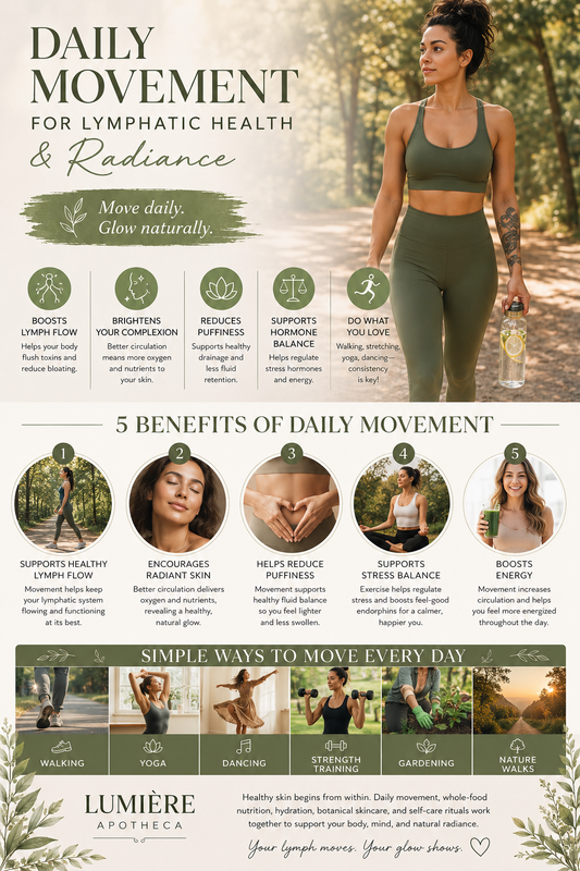 Daily Movement for Lymphatic Health & Radiance infographic by Lumière Apotheca — showing 5 benefits of daily movement and simple ways to move every day including walking, yoga, dancing, strength training, gardening, and nature walks.