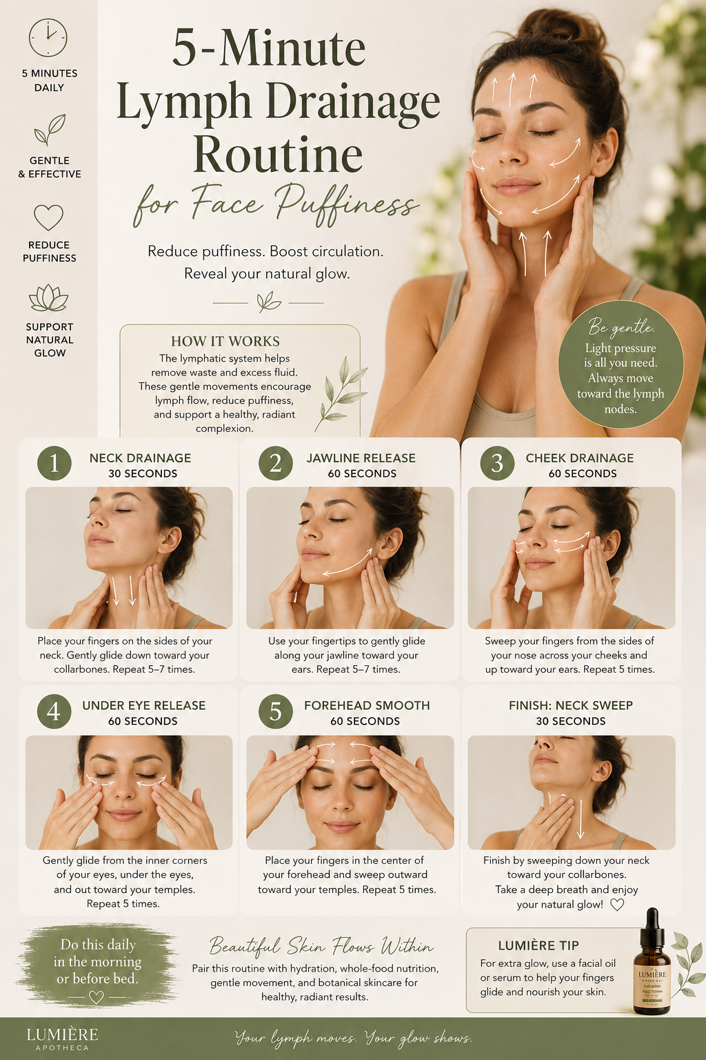 5-Minute Lymph Drainage Routine for Face Puffiness infographic by Lumière Apotheca — showing 6 steps including neck drainage, jawline release, cheek drainage, under eye release, forehead smooth, and neck sweep.