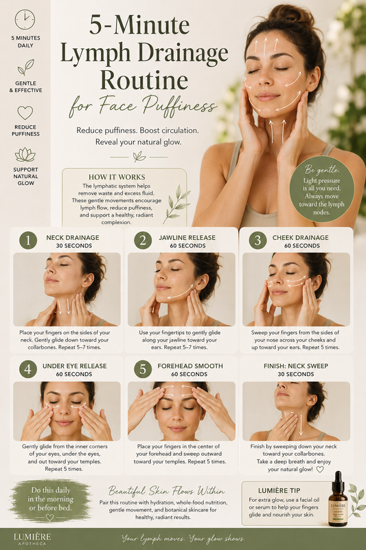 5-Minute Lymph Drainage Routine for Face Puffiness infographic by Lumière Apotheca — showing 6 steps including neck drainage, jawline release, cheek drainage, under eye release, forehead smooth, and neck sweep.