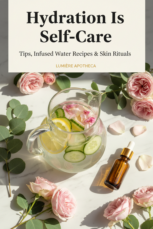 Infused water with lemon and cucumber alongside Lumière Apotheca botanical skincare serum on marble - hydration self-care ritual