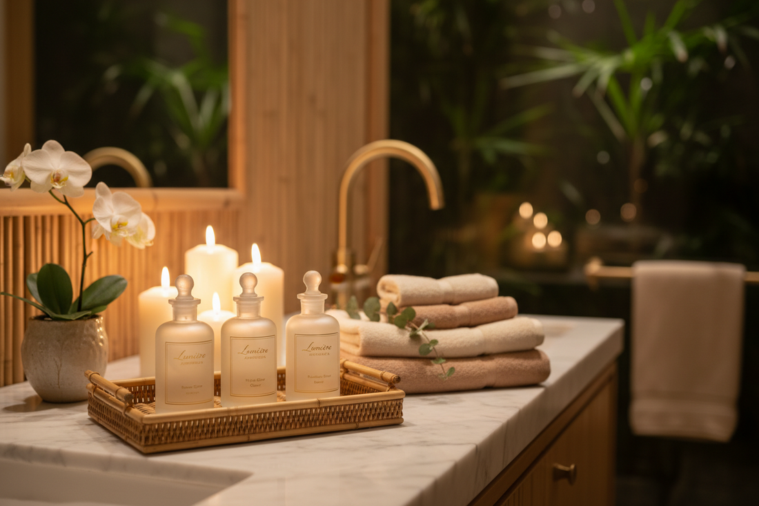 Lumière Apotheca branded serums on bamboo trays in a luxury spa boutique setting with candles, orchids and eucalyptus