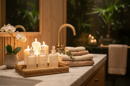 Lumière Apotheca branded serums on bamboo trays in a luxury spa boutique setting with candles, orchids and eucalyptus