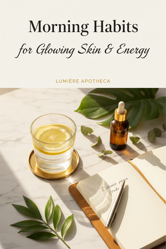 Morning habits for glowing skin and energy - lemon water, serum and journal on marble by Lumière Apotheca
