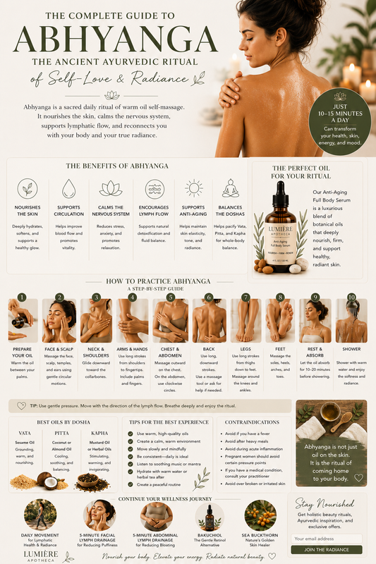 The Complete Guide to Abhyanga infographic by Lumière Apotheca — showing benefits, 10-step practice guide, best oils by dosha, tips for best experience, and contraindications.