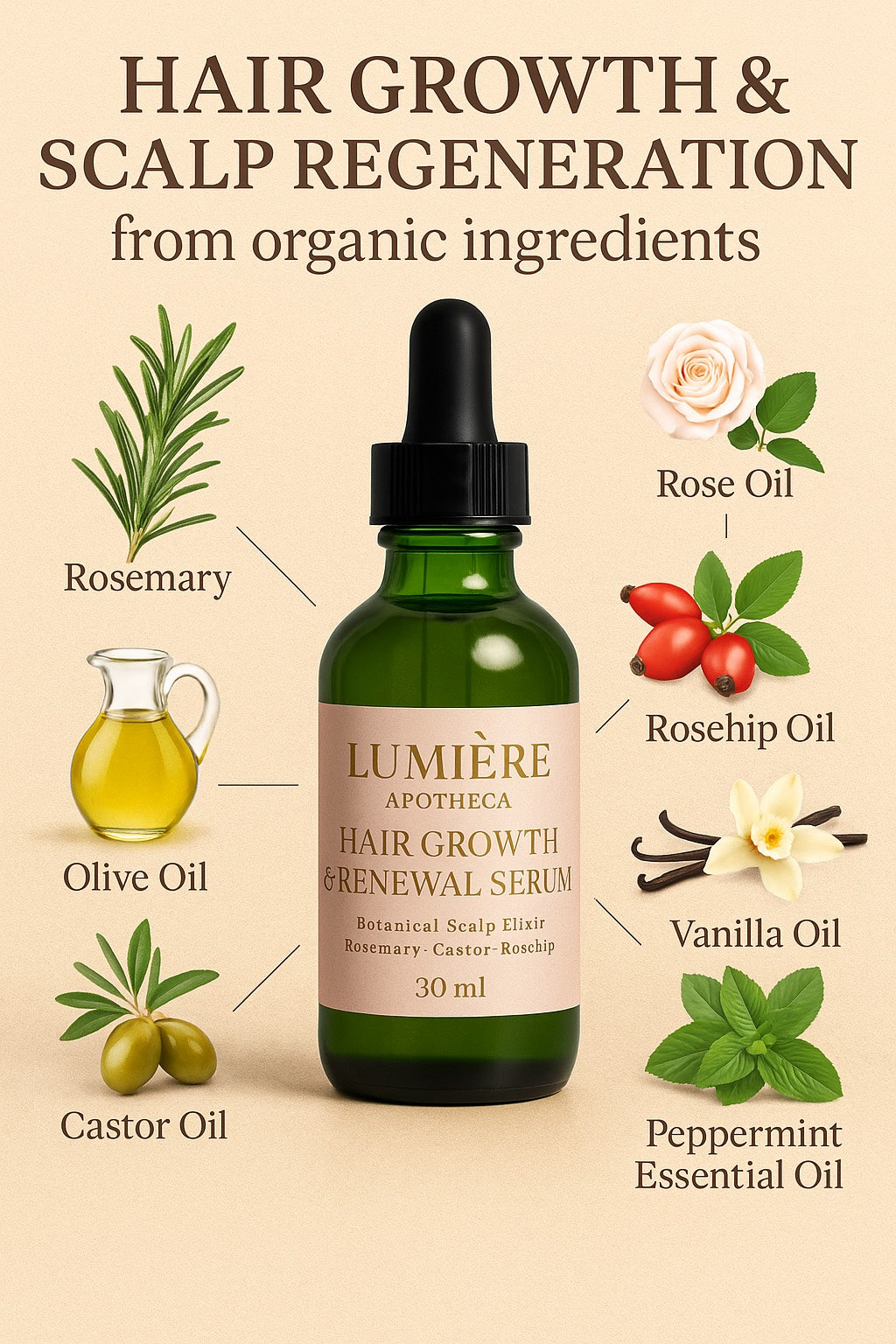 Lumiere APOTHECA Hair Growth & Renewal Serum-Organic Rosemary, Castor, Olive, and Rosehip Botanical Elixir for THicker, Fuller Hair