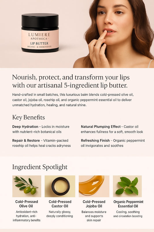 Lumiere APOTHECA Organic 6 ingredient Botanical Lip Butter- Ultra Hydrating, Healing-Shine Natural Lip Care